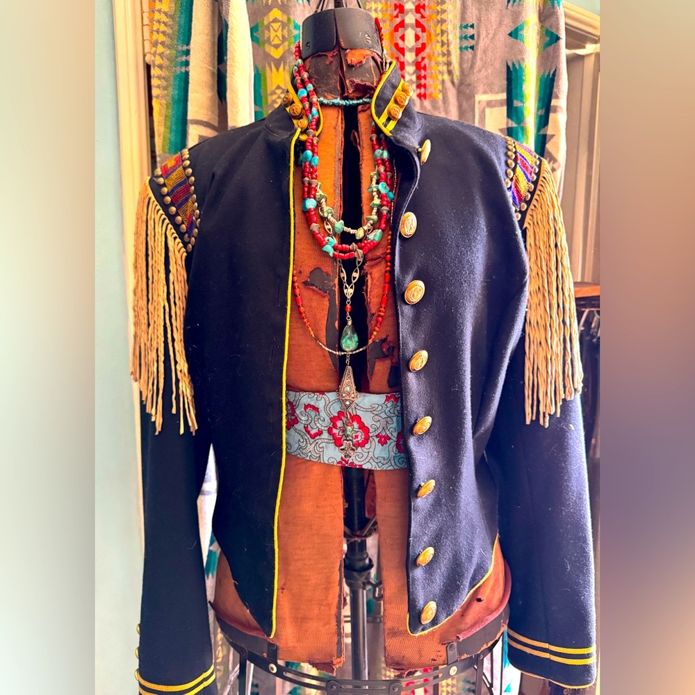 DOUBLE D RANCH wear  Military Style Jacket ,Gold Accents, fringe , beads WESTERN